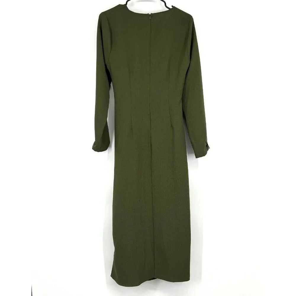 Zara Dress Green Button Front Crepe Long Sleeve Draped Midi - Picture 8 of 11